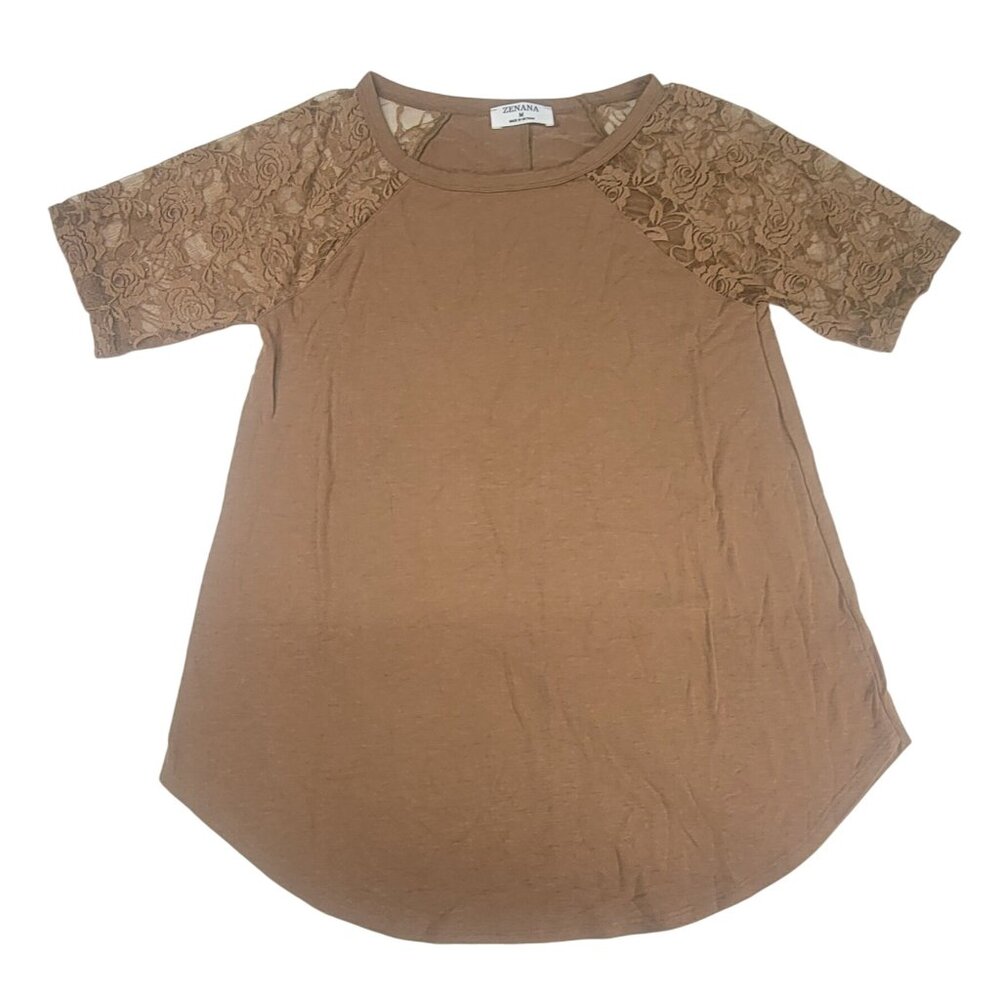 Zenana Raglan Tee Lace Sleeves Brown Camel Womens Size Medium New in Bag